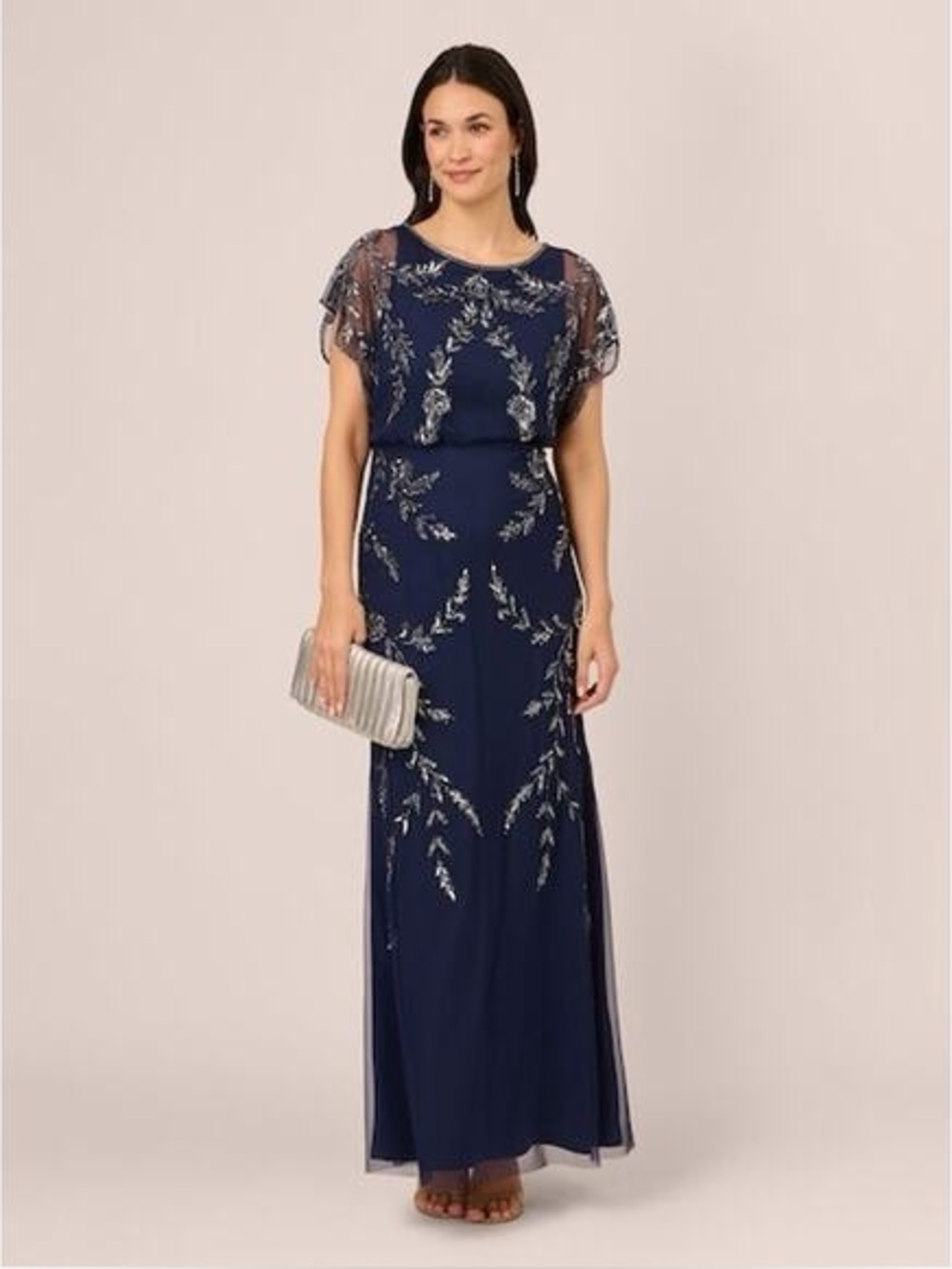 Adrianna Papell -Papell Studio Navy Blue Beaded Sequin Blouson Formal Gown Dress